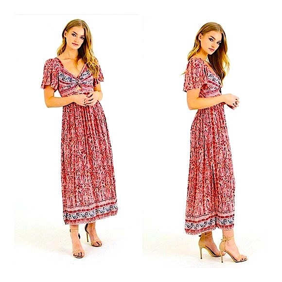 Multi-Color Floral Flutter Sleeve Keyhole Maxi dress - Picture 3 of 3